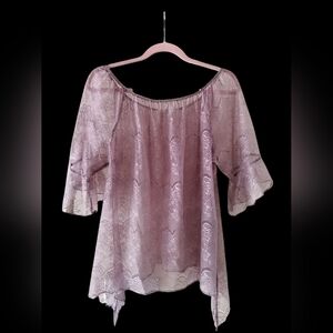 Lace Off-Shoulder Lilac Romantic Bell Sleeve See-Through Sexy Seductive Top